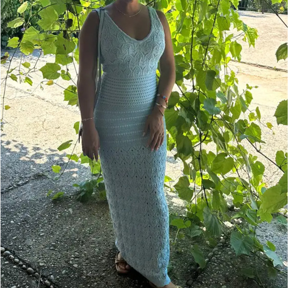 Ronny Kobo Blue Crochet Maxi Slip Dress XL Backless Knit Vacation Tank $320 - Picture 6 of 12